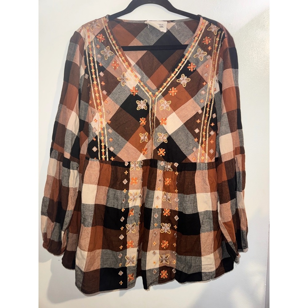 Savanna Jane Plaid Embroidered Babydoll Top Brown Black 1X Boho V-Neck Boho